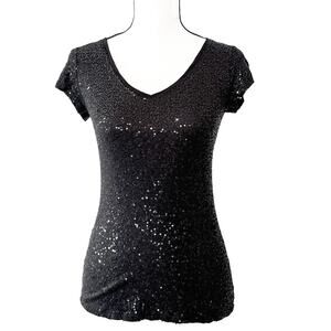 INC International Concepts Black Form Fitted Cap Sleeve Sequin Top Size XS